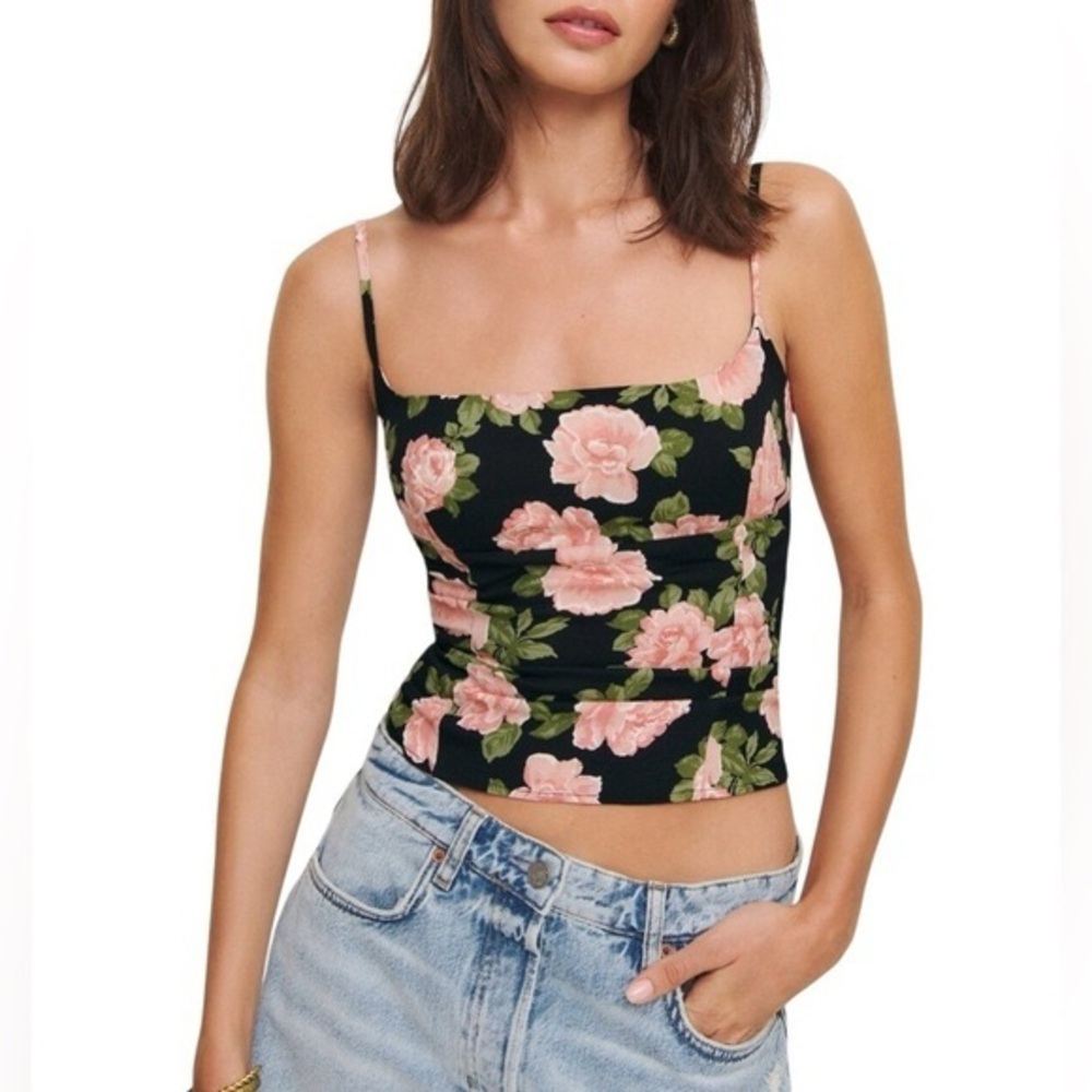 REFORMATION Grace Floral Tank Top Rosalia Black Pink Roses Going Out Top Sz 2